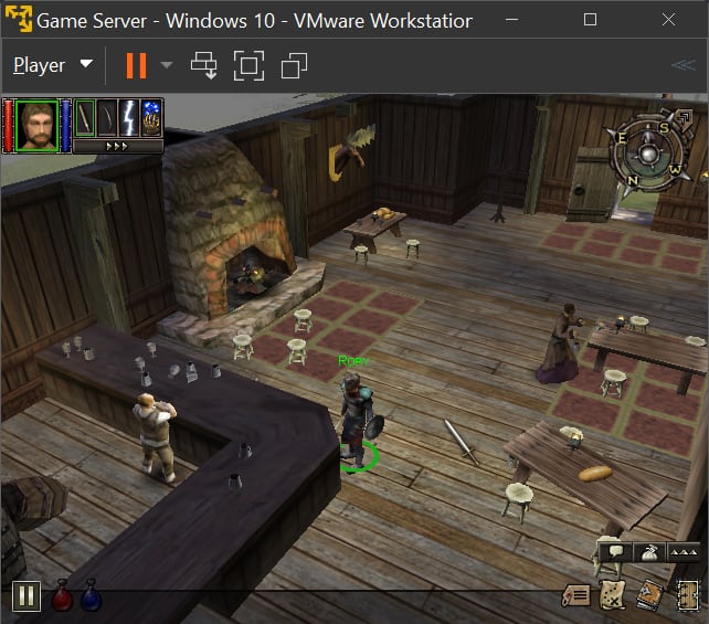 A VMWare Player window running the Game Server instance with Dungeon Siege open. Rory is the server's player, hanging out in Stonebridge.