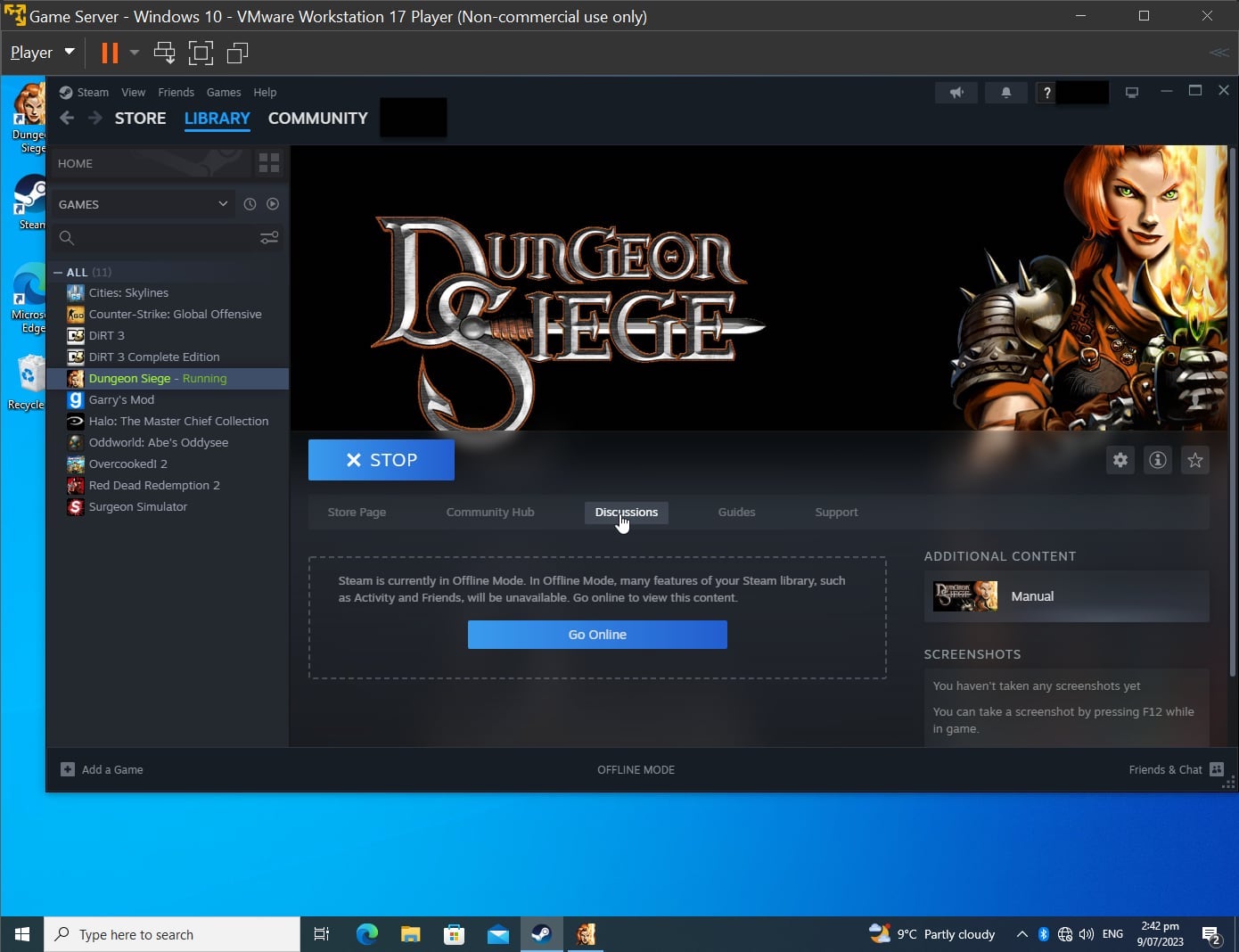 A VMWare Player window running the Game Server instance with Steam open.