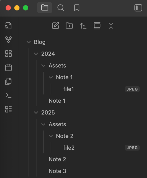 A file structure with assets nested inside folders matching the note name