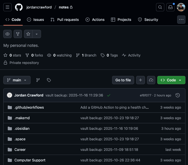 Screenshot of a private GitHub repo called jordancrawford/notes