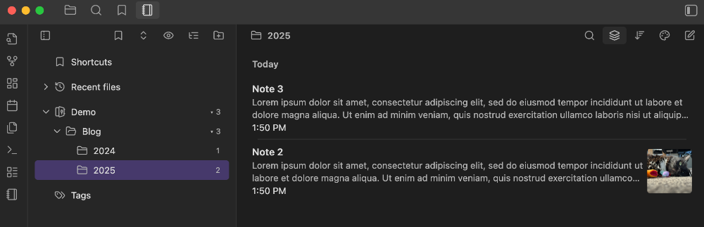 The Notebook Navigator plugin showing a list of notes with previews