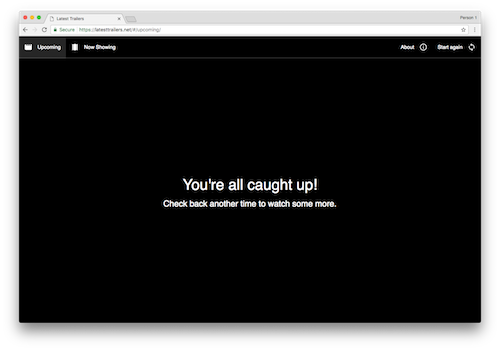 The latest trailers interface when a user has watched all available trailers and has the option to start over.