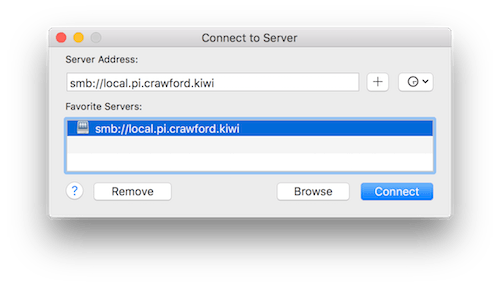 A connection dialog with the local.pi.crawford.ord.nz address entered.