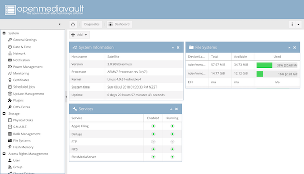 The OpenMediaVault admin home page.