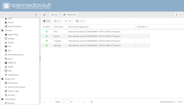 The USB Backup section in OpenMediaVault.