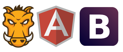 Icons of the development frameworks used in the frontend; Grunt, Angular and Bootstrap.