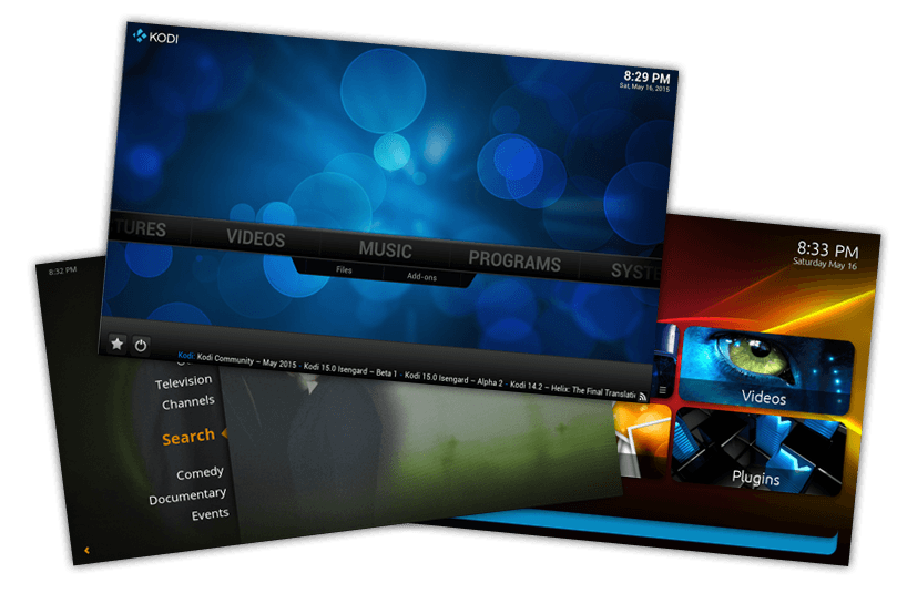 The three media center applications to run on the home theatre PC; Plex, MediaPortal and Kodi.