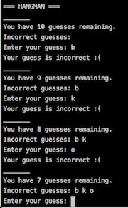 A screenshot of my command line Hangman game.