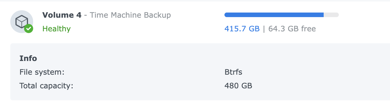 A volume called Time Machine backup on a Synology NAS. It has a total capacity of 480GB with 64GB free.'
