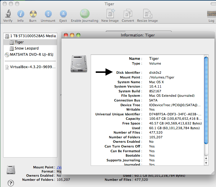 Disk Utility Information window with Disk Identifier highlighted.