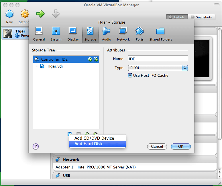 The VirtualBox Add Hard Disk menu in the settings for a virtual machine