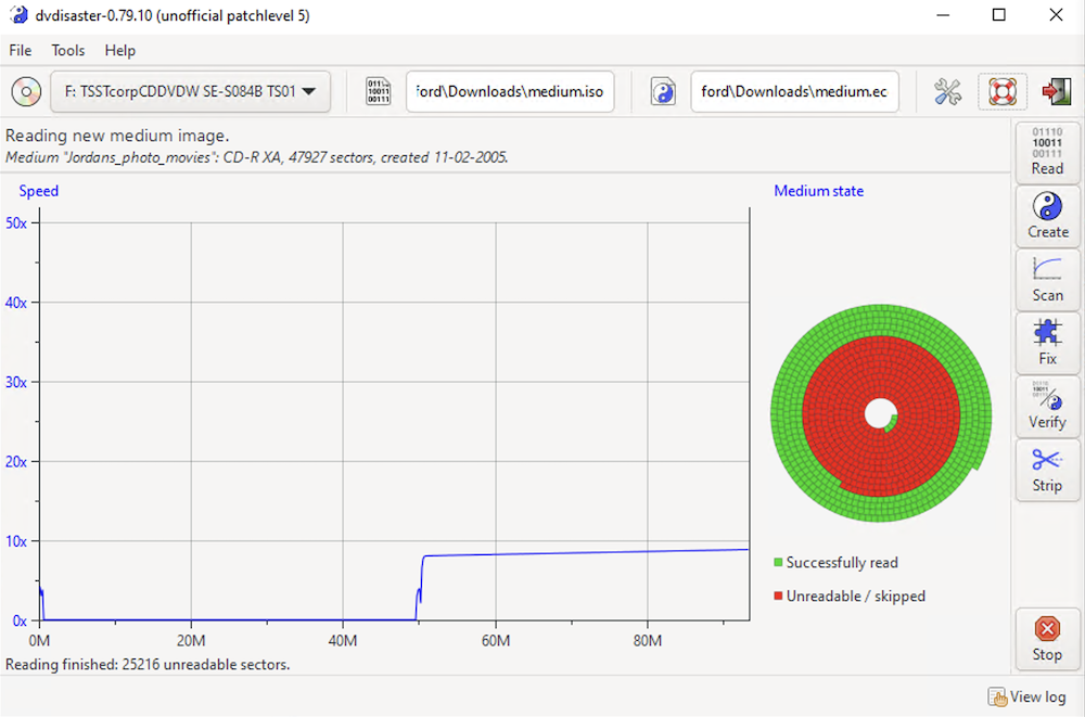 Screenshot from dvdisaster showing a significant number of read errors at the start of the disc