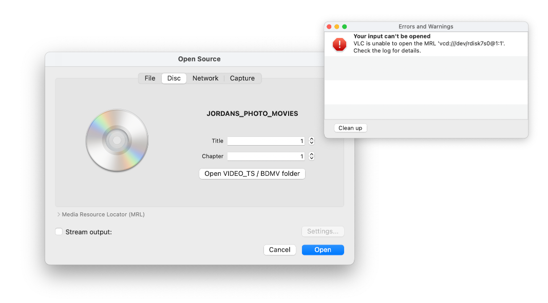 Screenshot from VLC showing an error when trying to play the SVCD
